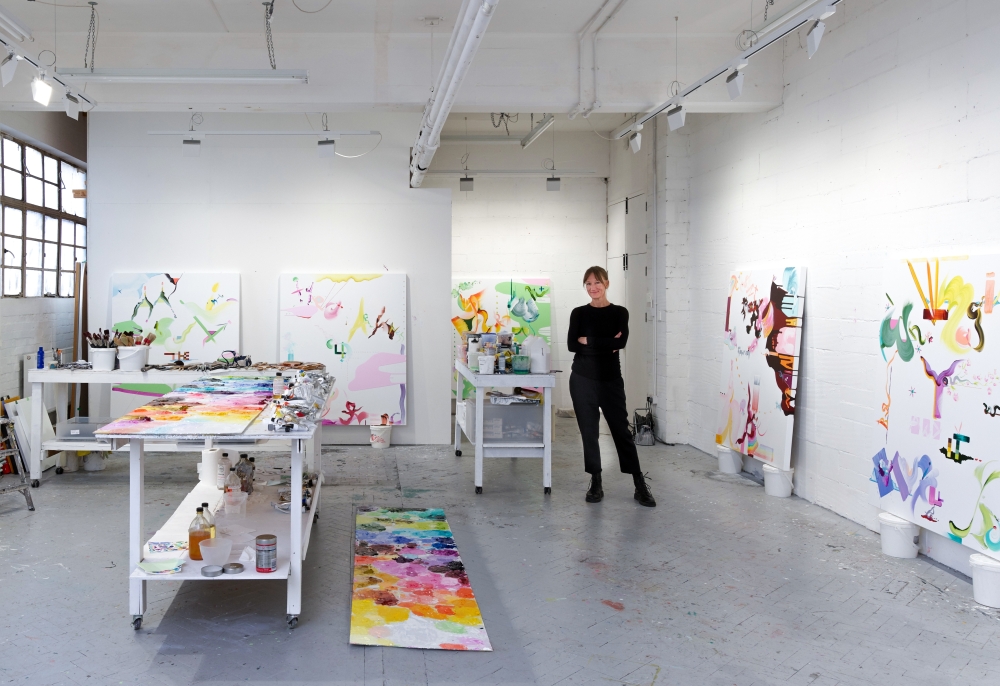 Fiona Rae in her studio, 2022, London, UK. Photo: Prudence Cuming Associates Ltd.