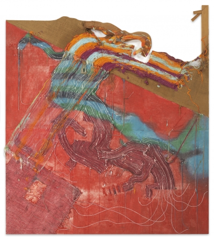Fabian Marcaccio, The Altered Genetics of Painting Series, 1991, Oil and silicone on printed fabric and burlap, carved wood, 84 x 74 x 2 5/8 inches, 213.4 x 188 cm,&nbsp;MMG#33152