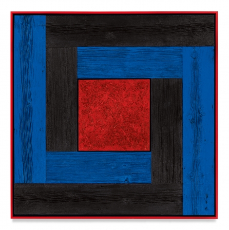 Untitled (Tree Painting-Double L, Black, Blue and Red), 2021, Oil on linen and acrylic stain on reclaimed wood with artist frame, 52 3/8 x 52 3/8 inches, 133 x 133 cm, MMG#33170
