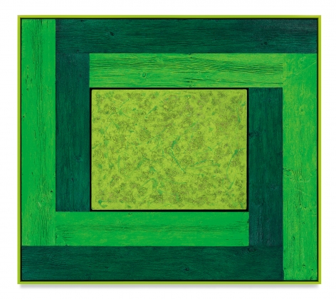 Untitled (Tree Painting-Double L, 3 Greens), 2021, Oil on linen and acrylic stain on reclaimed wood with artist frame, 63 1/4 x 71 1/4 inches, 160.7 x 181 cm, MMG#33108