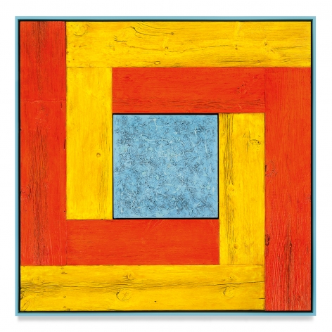 Untitled (Tree Painting-Double L, Yellow, Orange, and Light Blue), 2021, Oil on linen and acrylic stain on reclaimed wood with artist frame, 52 1/4 x 52 1/4 inches, 132.7 x 132.7 cm, MMG#33172